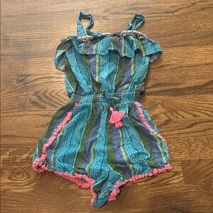 Matilda Jane Blue and Green Striped Romper with Ruffled Trim